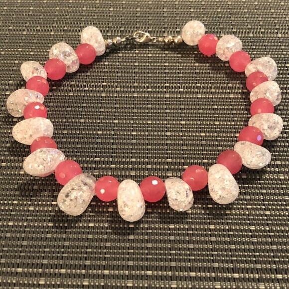 Pink Jade & Clear Crystal Handmade Beaded Ankle Bracelet - Picture 4 of 8